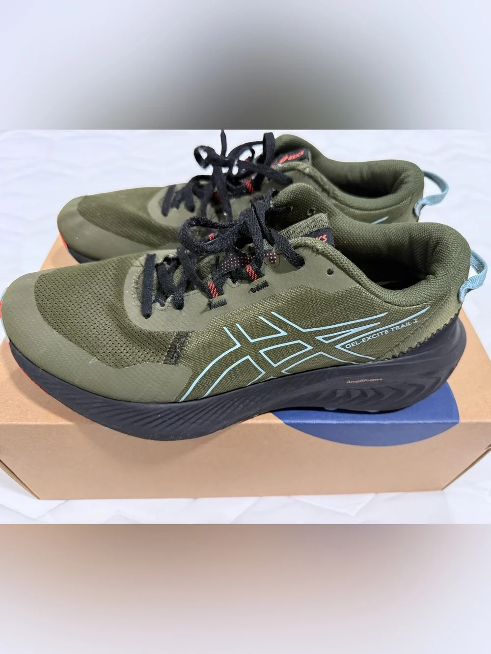 Asics Olive Green Gel Excite Trail 2 Running Shoes with Light Blue Accents